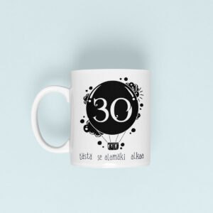 valkoinen muki jossa painatus "30"