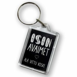 avaimenperä tekstillä "isin avaimet, älä vittu koske" avaimenperä painatuksella