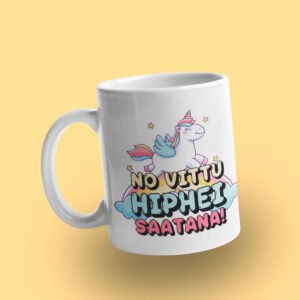 valkoinen muki, jossa painatus "no vittu hiphei saatana" ja yksisarvisen kuva