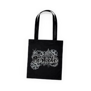 Musta kangaskassi jossa teksti "perkele", perkelekassi