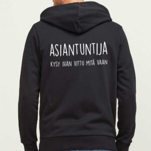 asiantuntija kysy ihan vittu mitä vaan, huppari painatuksella, vetoketjuhuppari painatuksella