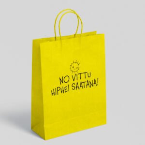keltainen lahjakassi jossa teksti "no vittu hiphei saatana"
