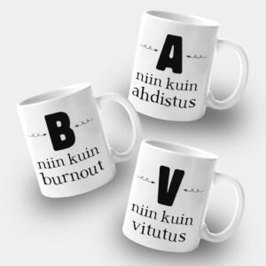 painettu muki jossa opetellaan tunnetaitoja, ahdistus, vitutus, burnout. sopiva lahjaidea kaverille.