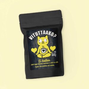 musta kahvipussi kissan kuvalla tekstillä "vituttaako ei haittaa"