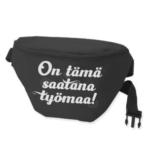 Musta vyölaukku jossa teksti "on tämä saatana työmaa!"