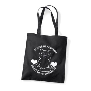 Ei mitään paniikkia kaikki on vituillaan jo, musta kangaskassi painatuksella, Paskakauppa