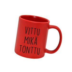 punainen mattapintainen muki johon saa oman painatuksen