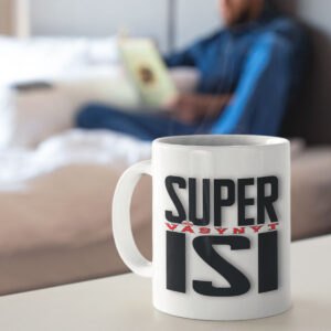 valkoinen muki, isän muki, muki isälle, teksti "superväsynyt isi", paskakaupan muki