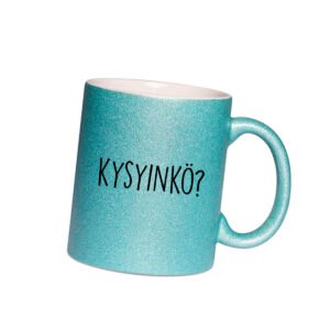 sininen glittermuki omalla painatuksella
