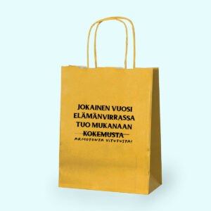 lahjakassi jossa teksti "Jokainen vuosi elämänvirrassa tuo mukanaan kokemusta"