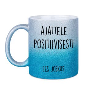 sininen glittermuki johon saa oman tekstin